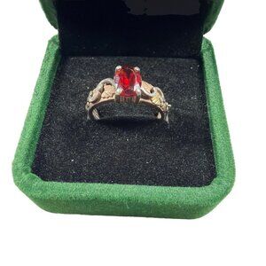 Vintage Sterling Silver Garnet Ring Gold Leaf Accent Size 6.5 Estate 3.52g